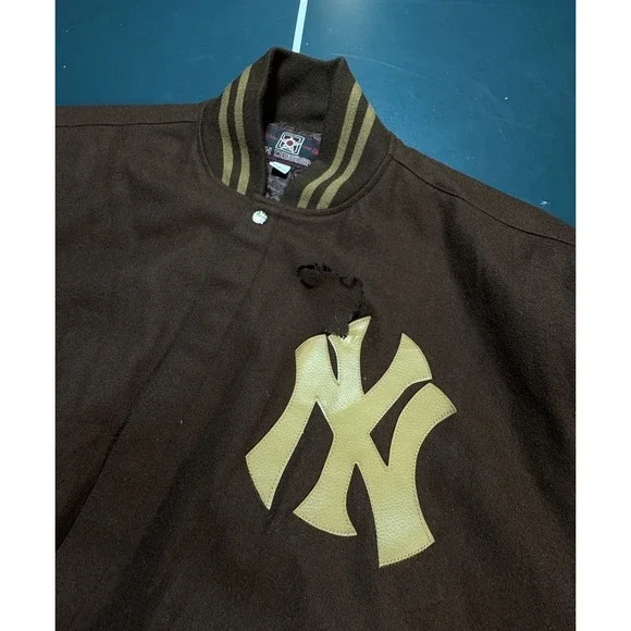 Vintage 90s Jeff Hamilton New York Yankees Wool Bomber Jacket Brown Large Flaws*